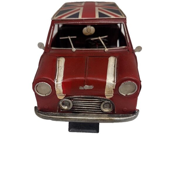 Vtg Classic Red Mini Cooper Retro Tin Model Car w British Flag Roof 11” X 5” - Picture 2 of 7